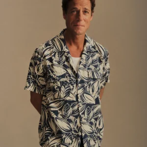 New Arrivals Buck Mason Natural / Island Blue Draped Linen Deuce Coupe Camp Shirt