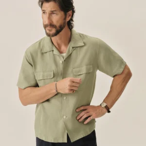 New Arrivals Buck Mason Light Agave Draped Linen Deuce Coupe Camp Shirt