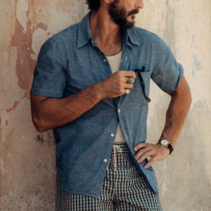 New Arrivals Buck Mason Worn Chambray Eoe Breeze Cotton Linen S/S Shirt