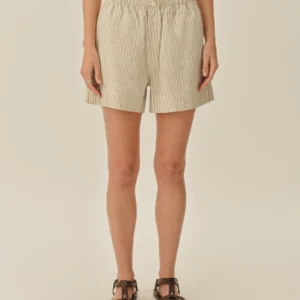 New Arrivals Buck Mason Natural / Khaki Summer Stripe Mainstay Cotton Linen Boxer Short