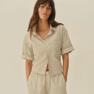 New Arrivals Buck Mason Natural/Khaki Summer Stripe Mainstay Cotton Linen Cut-Off Short Sleeve Button Down