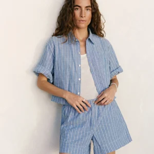 New Arrivals Buck Mason Harbor Stripe Mainstay Cotton Linen Cut-Off Short Sleeve Button Down