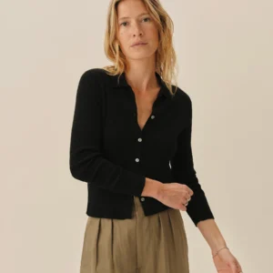 New Arrivals Buck Mason Black Coastal Linen Rib Collared Cardigan