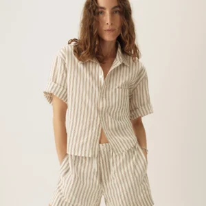 New Arrivals Buck Mason Natural / Brown Reef Stripe Mainstay Cotton Cut-Off Short Sleeve Button Down