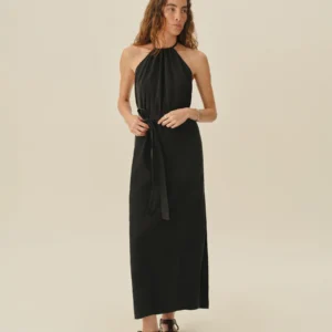 New Arrivals Buck Mason Black Sunset Silk Linen Wrap Dress